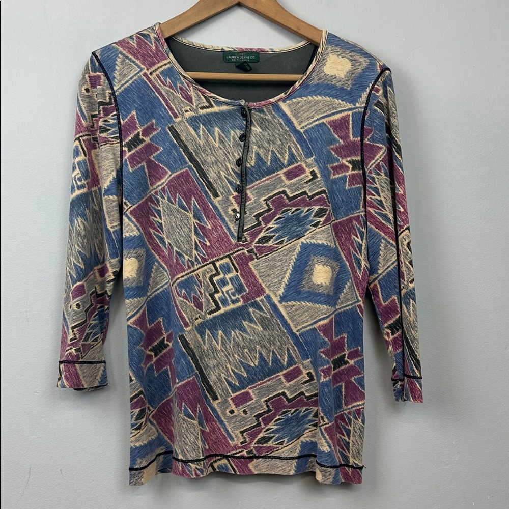 LRL Ralph Lauren Jeans Co Aztec Print Henley Shirt Beige Multi Womens Sz L